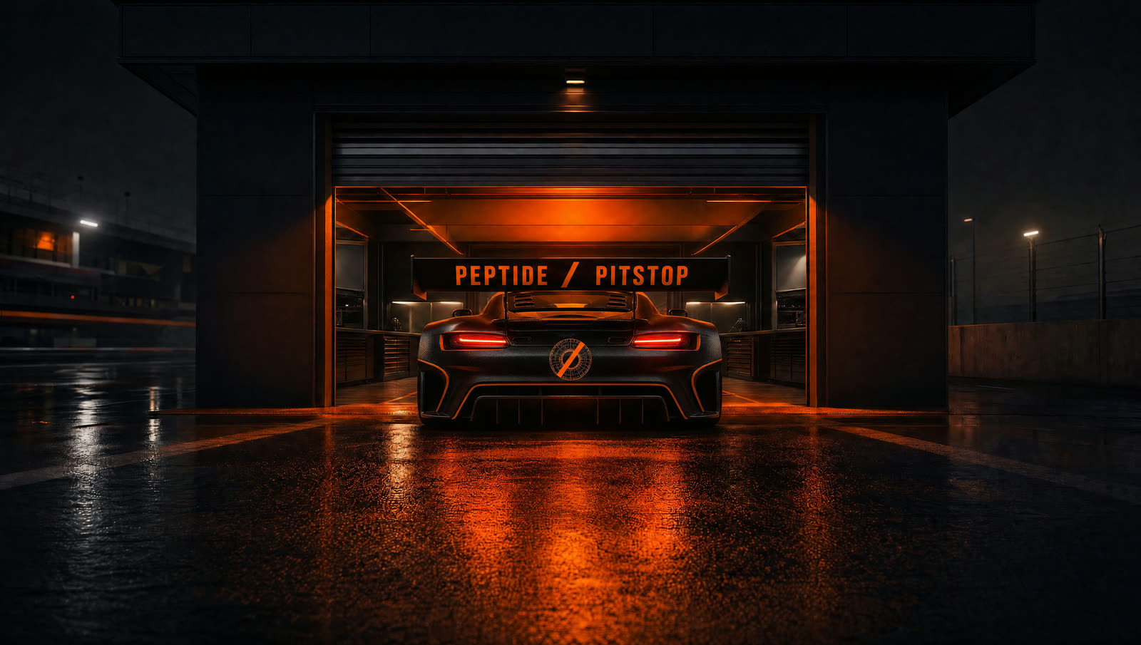 Peptide Pitstop race garage — the flythrough, shown as a still because reduced motion is enabled.