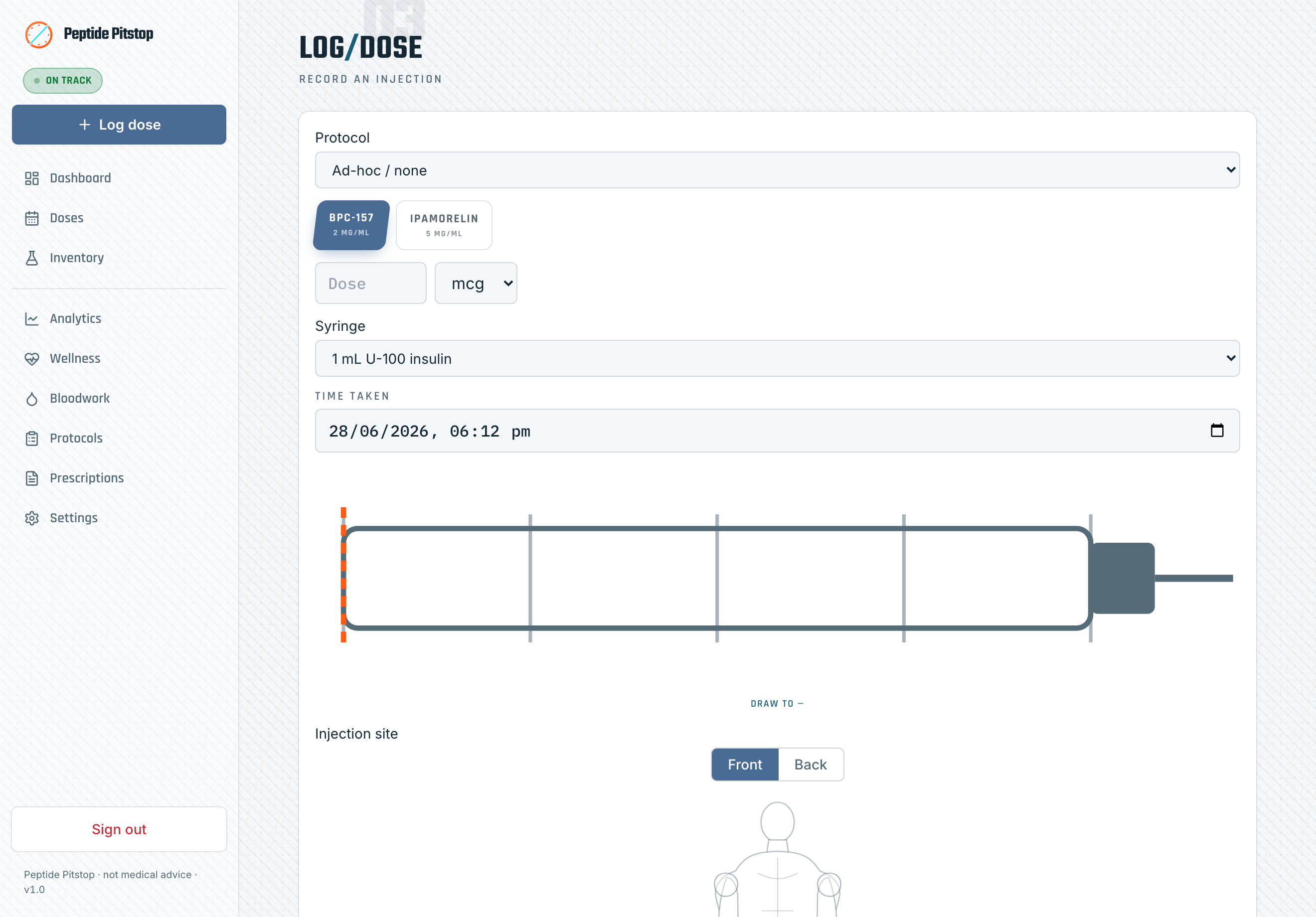 Peptide reconstitution and draw-volume dose calculator, light theme (demo data)