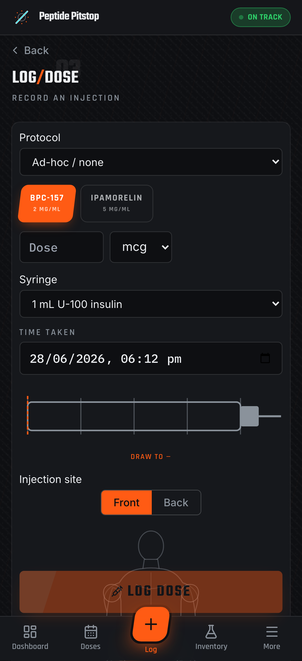 Logging a peptide dose on mobile with reconstitution math (demo data)