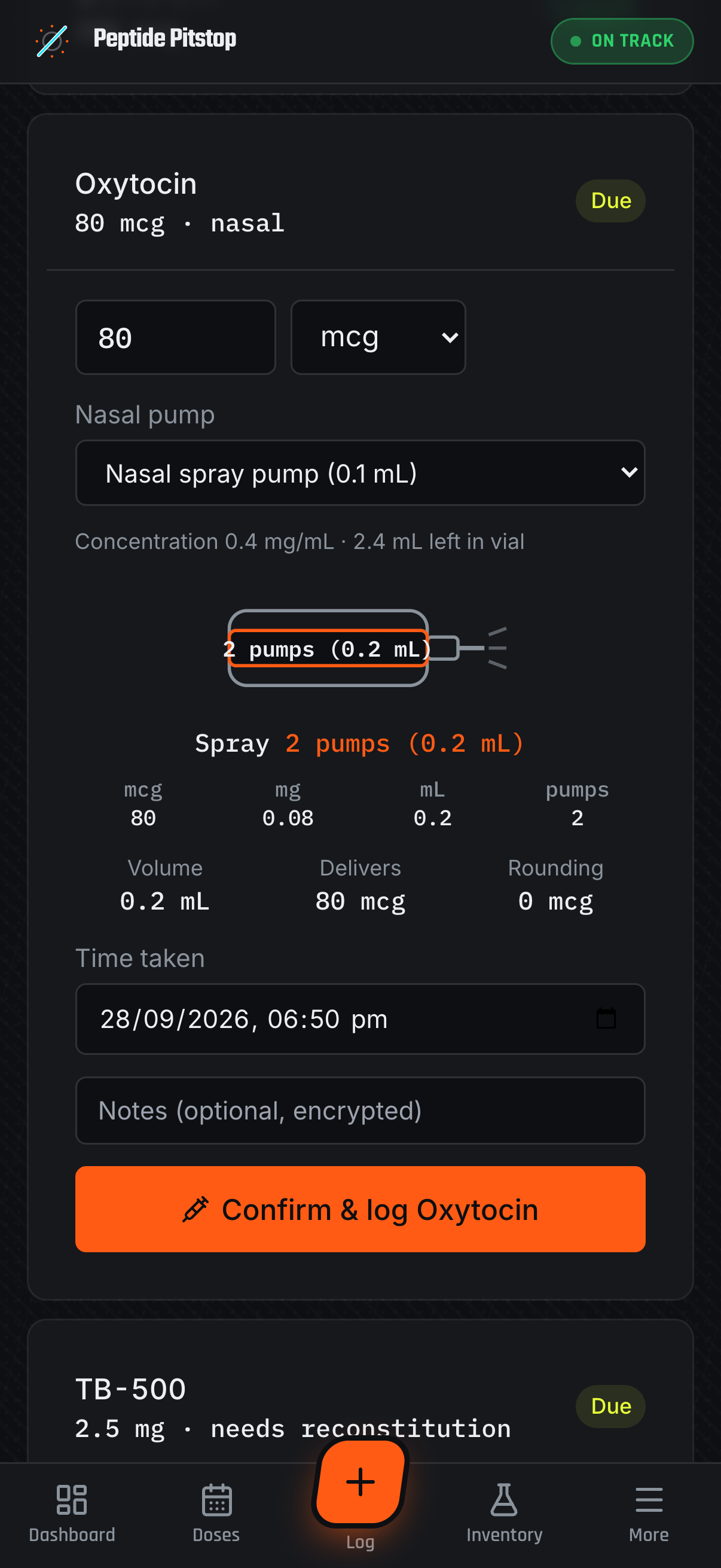 Logging a nasal dose on the Today screen on mobile: the dose is shown as 2 pumps (0.2 mL) on a 0.1 mL spray pump, with no injection site (demo data)