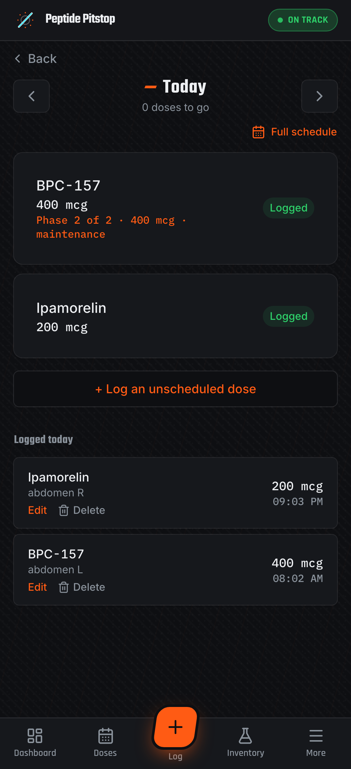 Peptide Pitstop installable PWA — Today screen on mobile (demo data)