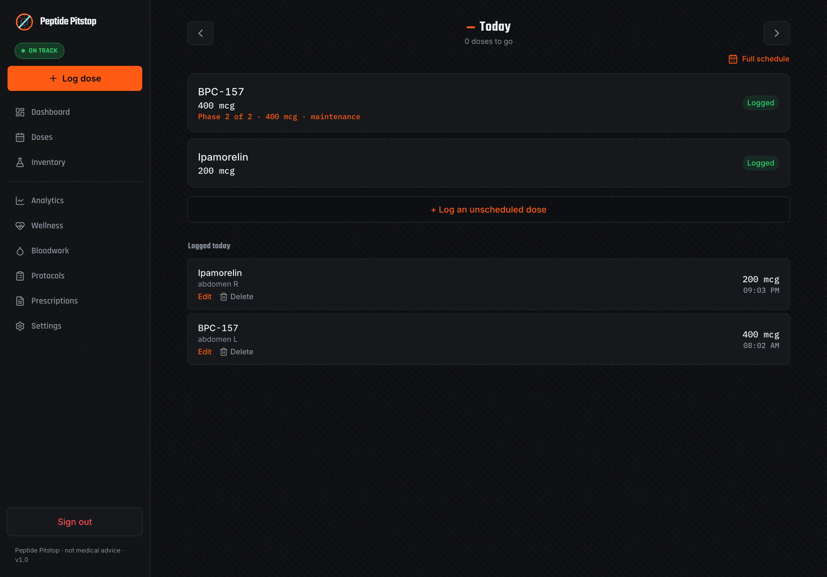 Peptide Pitstop self-hosted peptide tracker — Today dashboard with dose log and adherence heatmap (demo data)